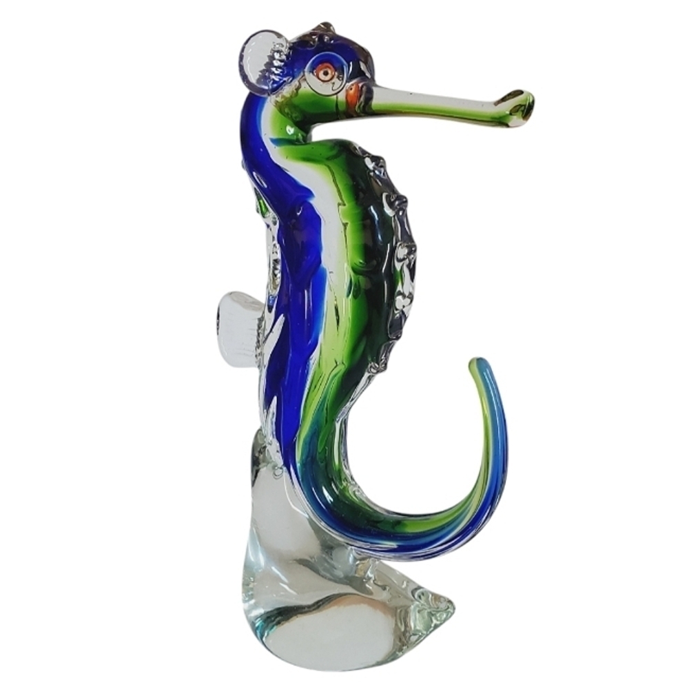 Dynasty House Handblown Seahorse Glass Sculpture Blue Green Coastal Decor